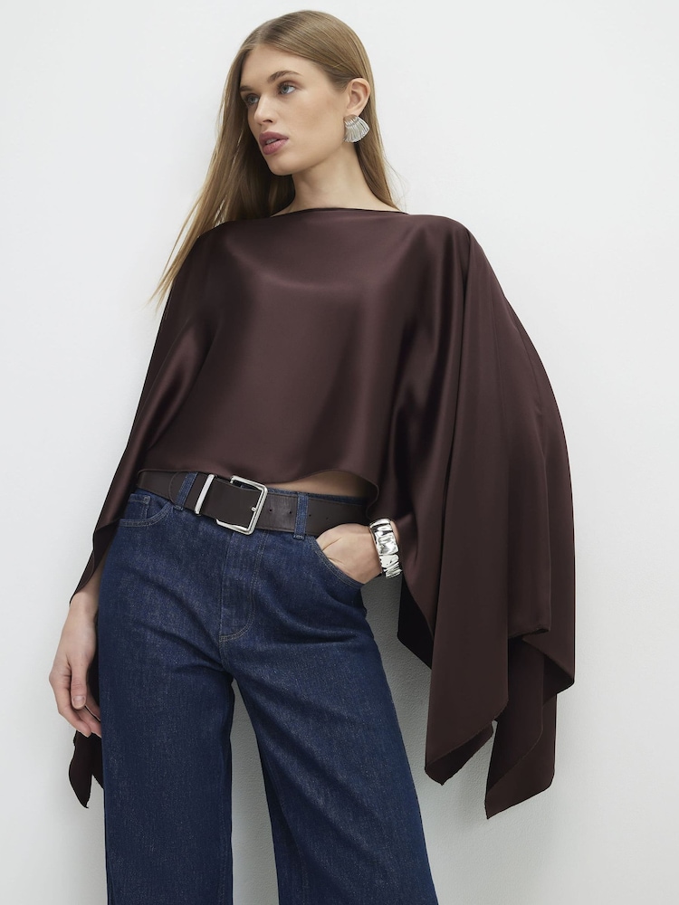 River Island Brown Satin Waterfall Cape Top - Image 1 of 4
