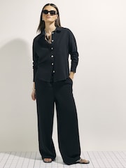 River Island Black Linen Blend Wide Leg Elasticated Waist Trousers - Image 1 of 4