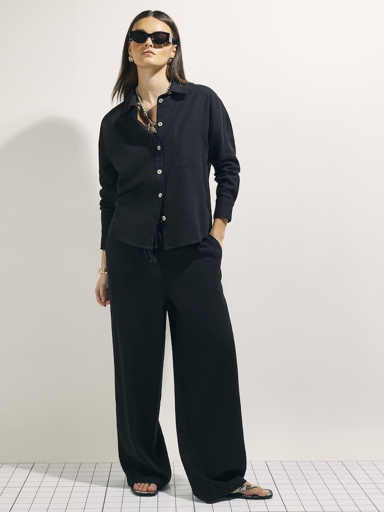 River Island Black Linen Blend Wide Leg Elasticated Waist Trousers - Image 1 of 4