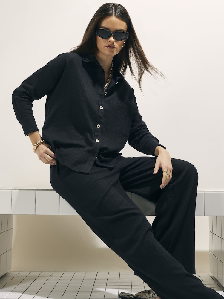 River Island Black Linen Blend Wide Leg Elasticated Waist Trousers - Image 2 of 4