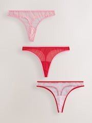 Pink/Red Thong Mesh and Lace Bow Knickers 3 Pack - Image 1 of 9