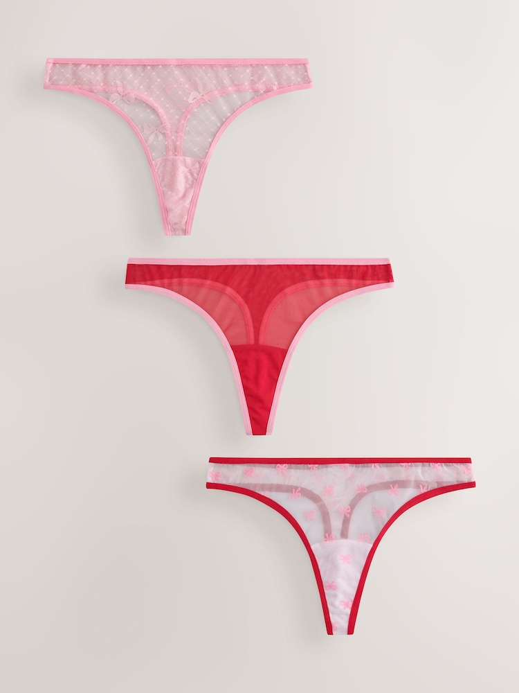 Pink/Red Thong Mesh and Lace Bow Knickers 3 Pack - Image 1 of 9 Pink/Red Thong Mesh and Lace Bow Knickers 3 Pack - Image 1 of 9