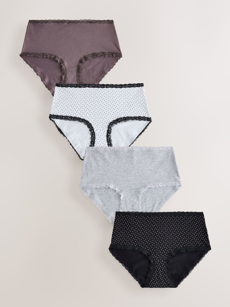Black & White Spot Midi Cotton and Lace Knickers 4 Pack - Image 1 of 7
