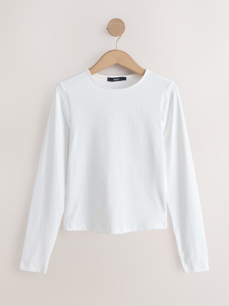 White Soft Touch Slinky Nylon Long Sleeve Crew Neck Top - Image 1 of 3