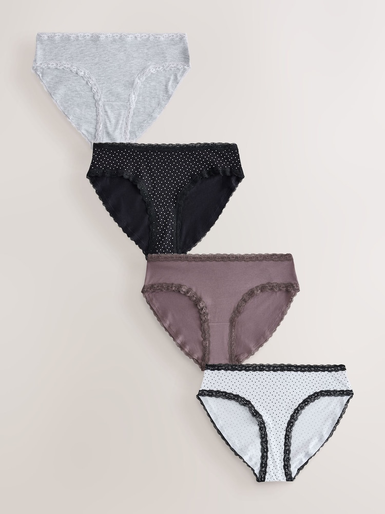 Black & White Spot High Leg Cotton and Lace Knickers 4 Pack - Image 1 of 7 Black & White Spot High Leg Cotton and Lace Knickers 4 Pack - Image 1 of 7