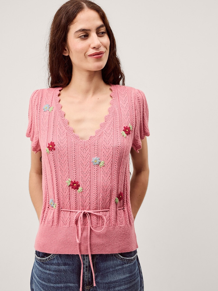 Monsoon Pink Edie Floral Embroidered Short Sleeve Jumper - Image 1 of 5