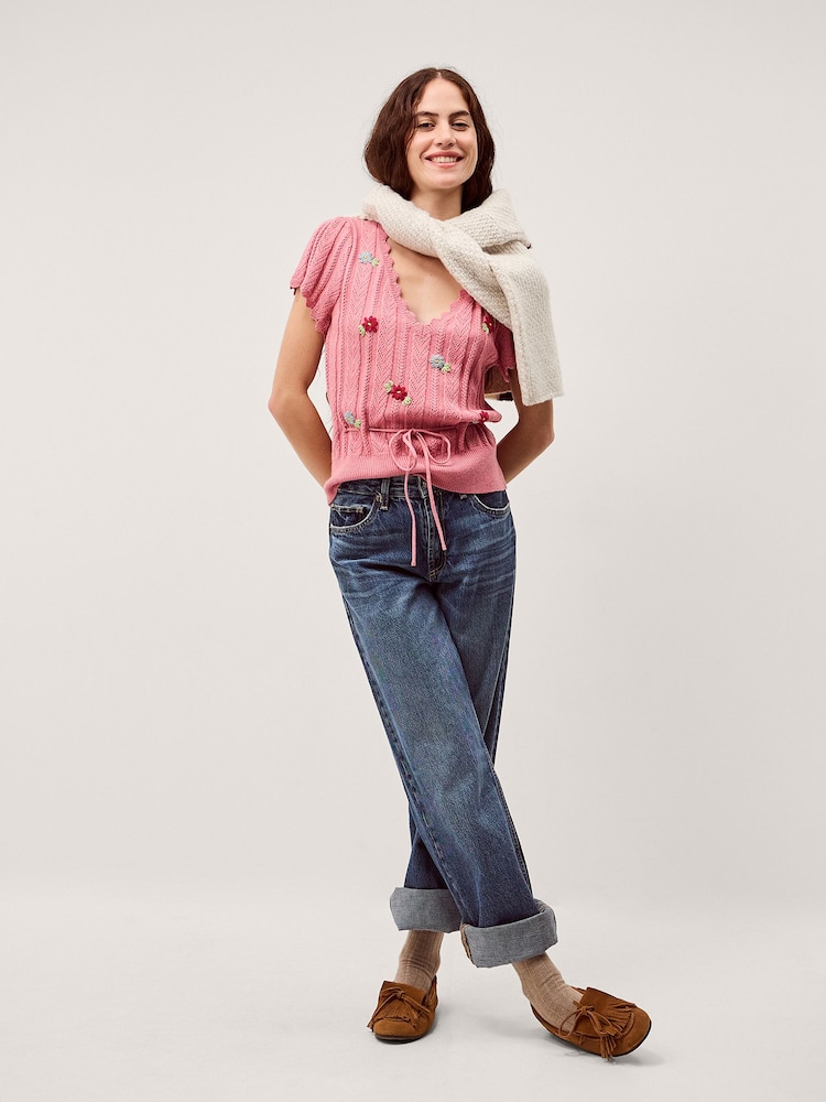 Monsoon Pink Edie Floral Embroidered Short Sleeve Jumper - Image 2 of 5