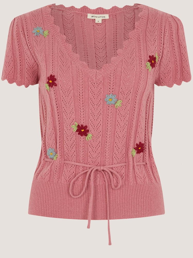 Monsoon Pink Edie Floral Embroidered Short Sleeve Jumper - Image 5 of 5