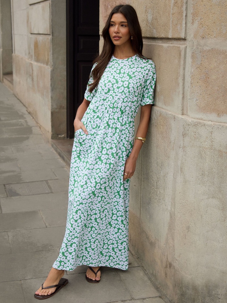 Threadbare Green Crew Neck Jersey Midi Dress with Patch Pockets - Image 1 of 5