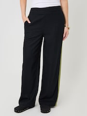 أسود - Threadbare Side Stripe Linen Blend Wide Leg Trousers - Image 2 of 5