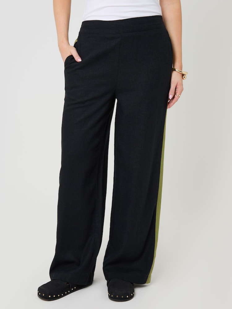 أسود - Threadbare Side Stripe Linen Blend Wide Leg Trousers - Image 2 of 5