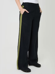 أسود - Threadbare Side Stripe Linen Blend Wide Leg Trousers - Image 4 of 5
