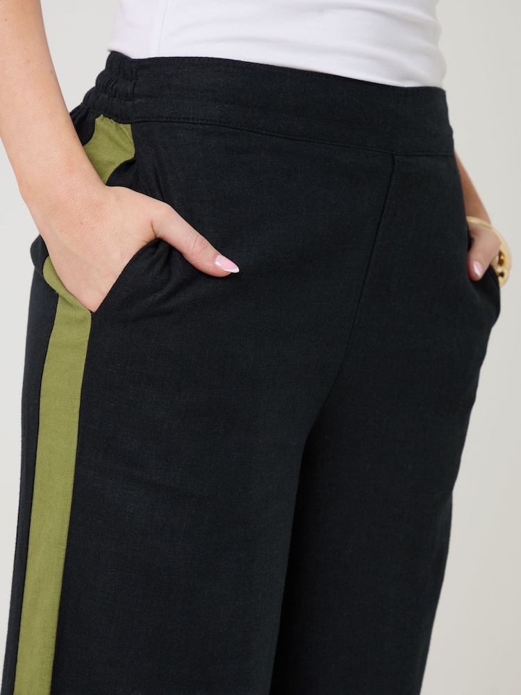 أسود - Threadbare Side Stripe Linen Blend Wide Leg Trousers - Image 5 of 5