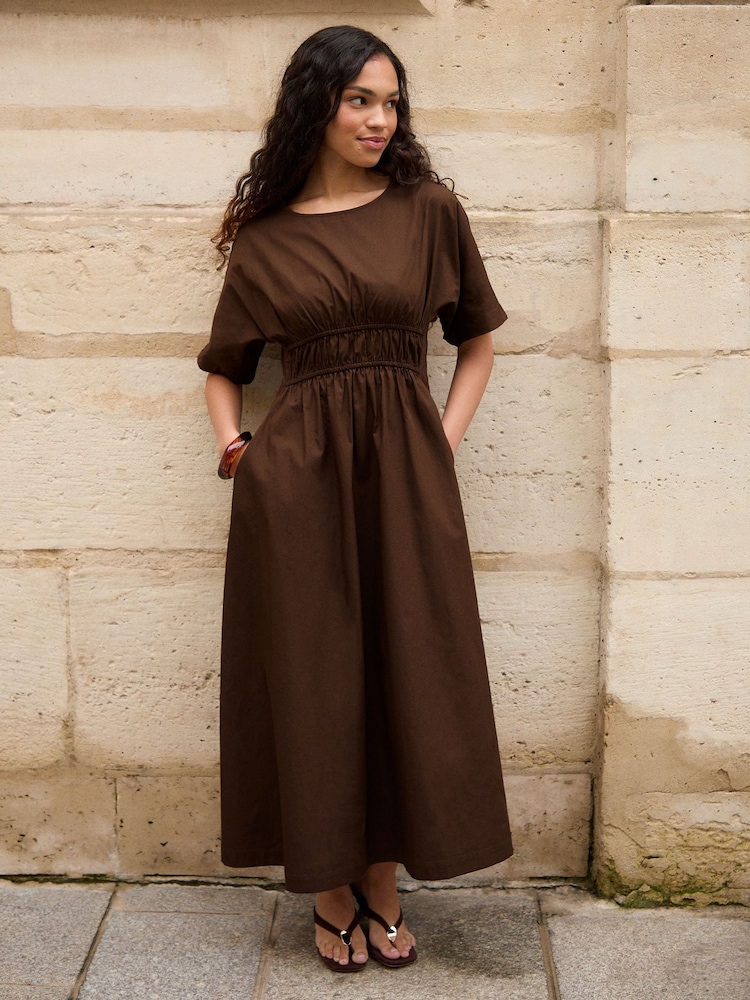 Threadbare Brown Elasticated Waist Cotton Poplin Midi Dress - Image 1 of 5 Threadbare Brown Elasticated Waist Cotton Poplin Midi Dress - Image 1 of 5