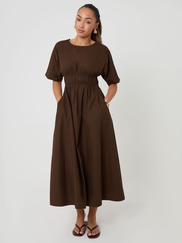 Threadbare Brown Elasticated Waist Cotton Poplin Midi Dress - Image 2 of 5 Threadbare Brown Elasticated Waist Cotton Poplin Midi Dress - Image 2 of 5