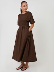 Threadbare Brown Elasticated Waist Cotton Poplin Midi Dress - Image 4 of 5