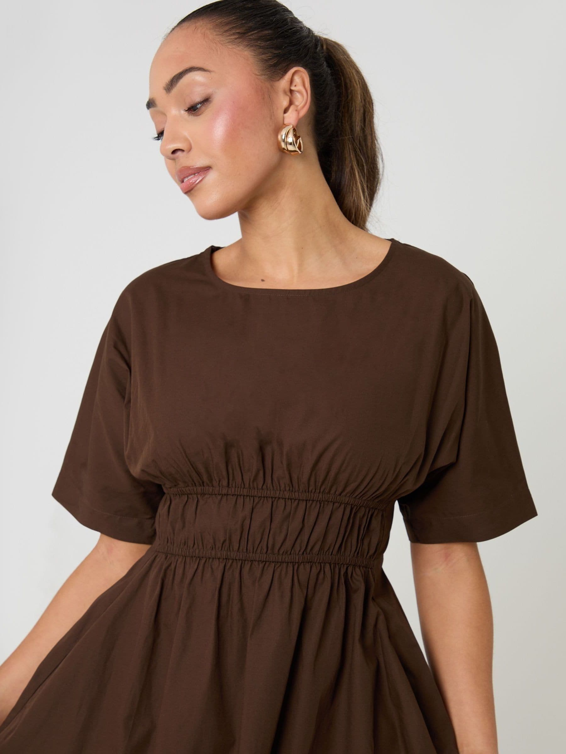Buy Threadbare Brown 100% Cotton Elasticated Waist Poplin Midi