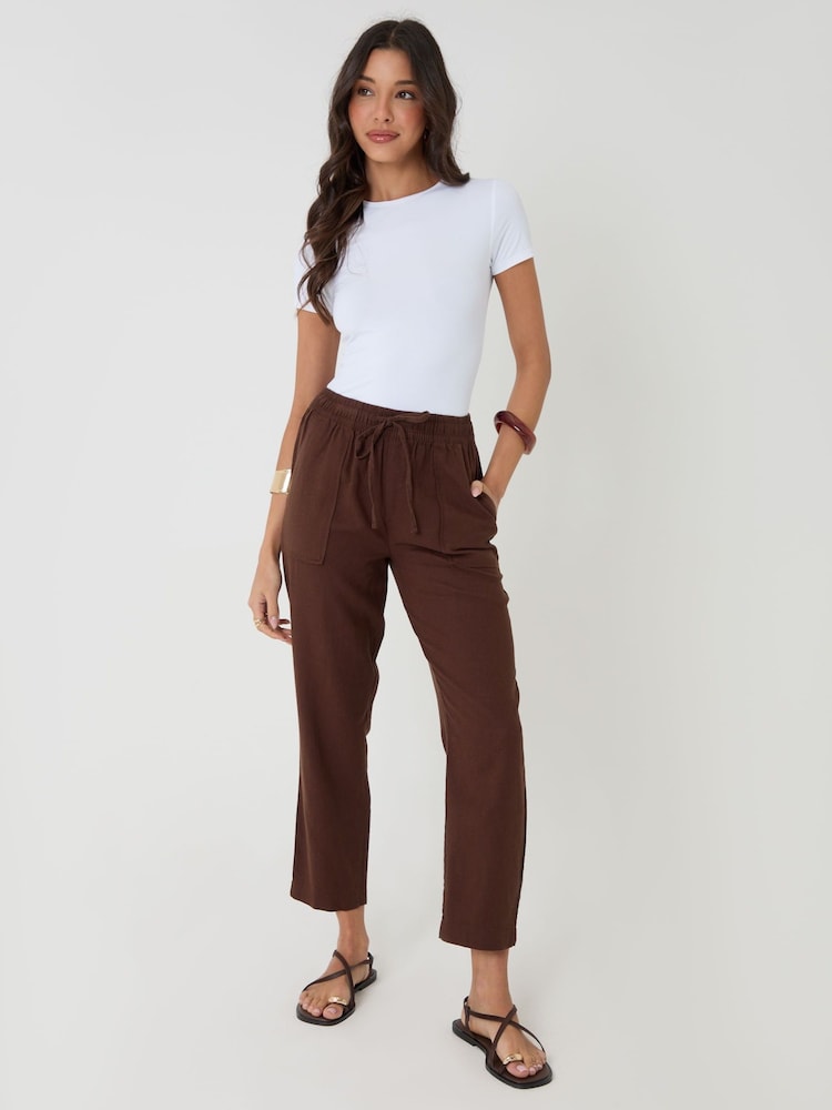 Threadbare Brown Regular Fit Linen Blend Tapered Trousers - Image 1 of 4