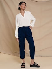 Threadbare Navy Curve Linen Blend Tapered Trousers - Image 1 of 4