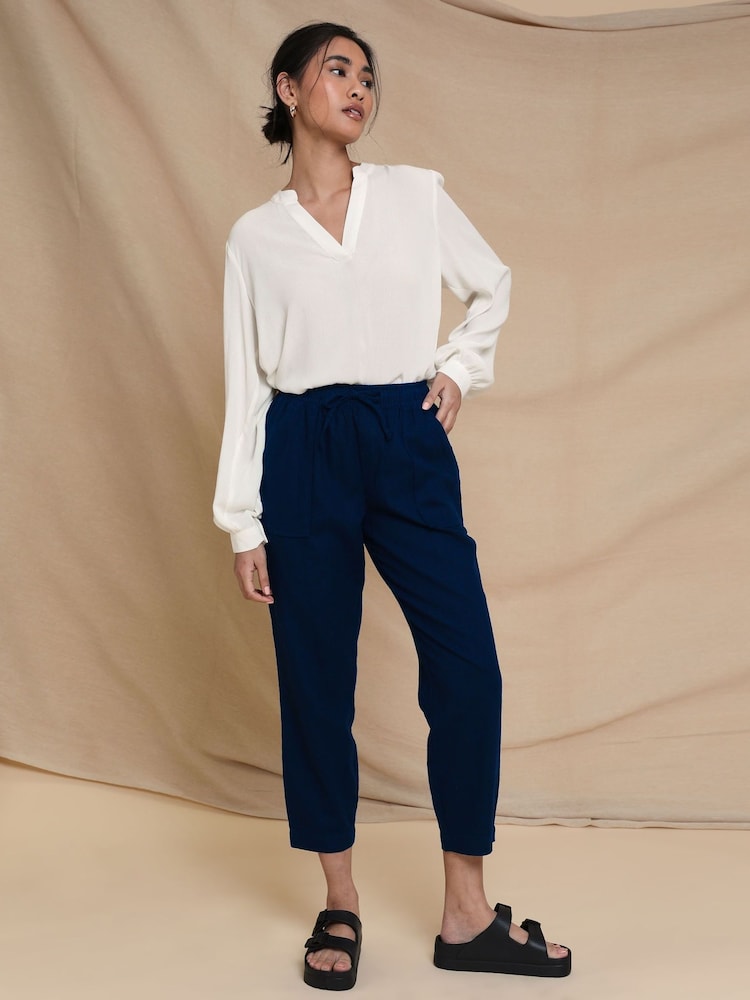 Threadbare Navy Curve Linen Blend Tapered Trousers - Image 1 of 4