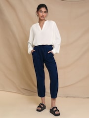 Threadbare Navy Curve Linen Blend Tapered Trousers - Image 2 of 4