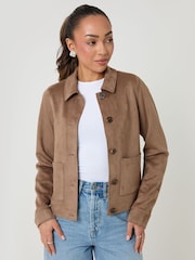 Threadbare Brown Cropped Button Up Suedette Shacket - Image 1 of 5