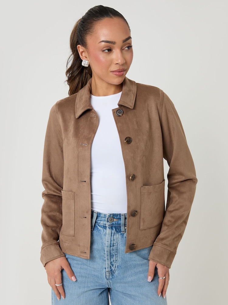 Threadbare Brown Cropped Button Up Suedette Shacket - Image 1 of 5