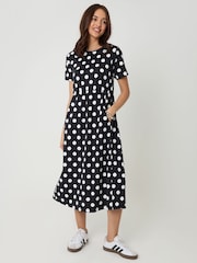 Threadbare Black Polka Dot Cotton Smock Style Midi Dress - Image 1 of 4