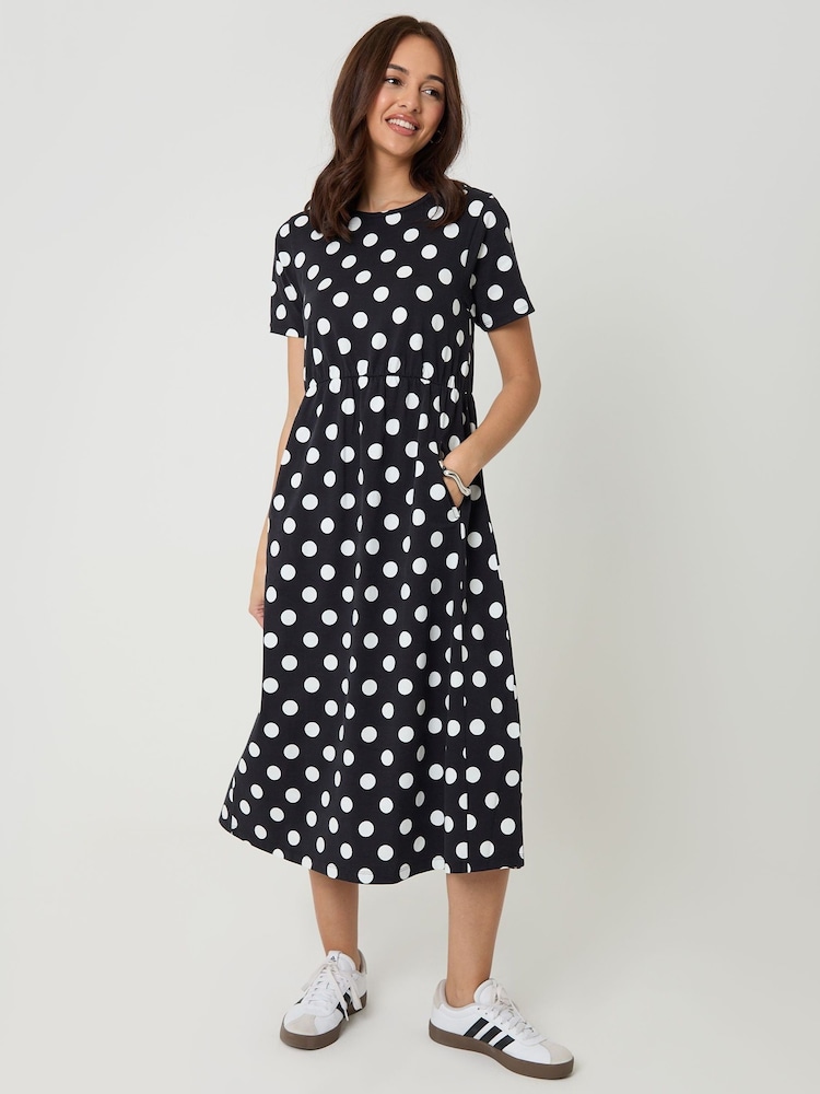 Threadbare Black Polka Dot Cotton Smock Style Midi Dress - Image 1 of 4