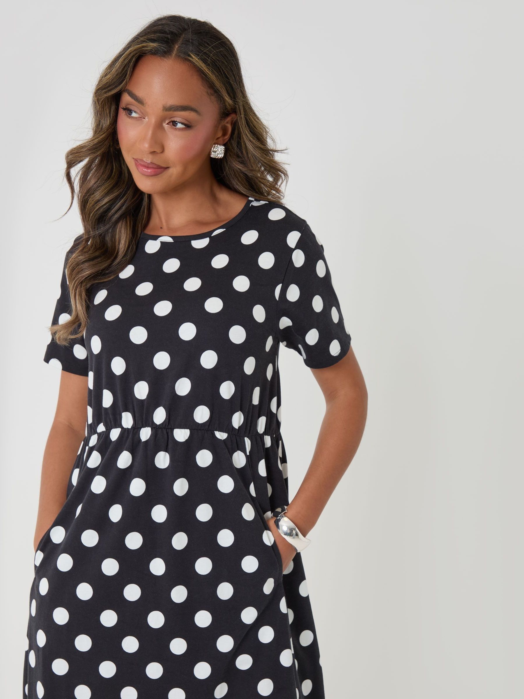 Buy Threadbare Black Polka Dot Jersey Midi Smock Dress With