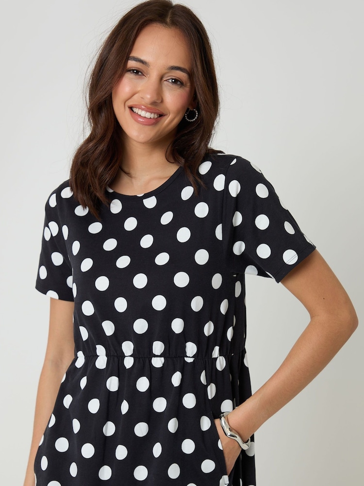 Threadbare Black Polka Dot Cotton Smock Style Midi Dress - Image 4 of 4