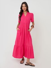 Threadbare Pink Tiered Linen Blend V-Neck Maxi Dress - Image 1 of 4
