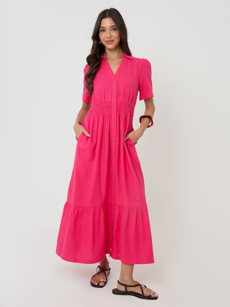 Threadbare Pink Tiered Linen Blend V-Neck Maxi Dress - Image 1 of 4