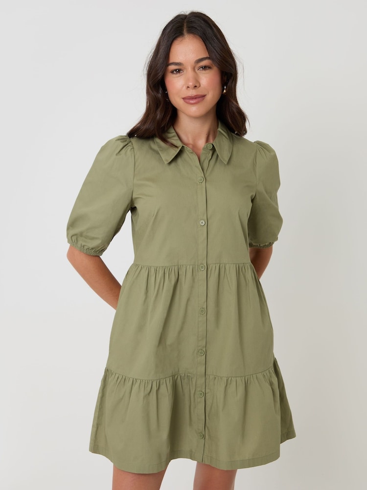 Threadbare Green Tiered Cotton Poplin Button Up Mini Dress - Image 2 of 5
