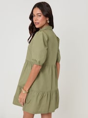 Threadbare Green Tiered Cotton Poplin Button Up Mini Dress - Image 3 of 5