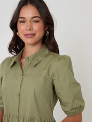Threadbare Green Tiered Cotton Poplin Button Up Mini Dress - Image 4 of 5