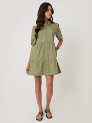 Threadbare Green Tiered Cotton Poplin Button Up Mini Dress - Image 5 of 5