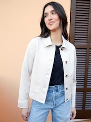 Threadbare Cream Petite Cropped Button Up Suedette Shacket - Image 1 of 4