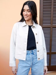 Threadbare Cream Petite Cropped Button Up Suedette Shacket - Image 4 of 4