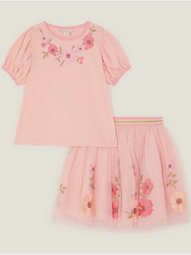 Monsoon Pink Floral Embroidered Top & Skirt Set - Image 2 of 4
