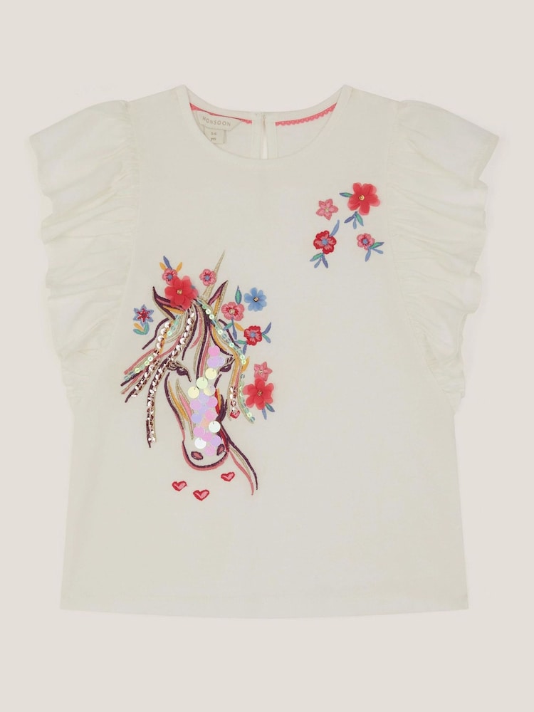 Monsoon Cream Embroidered Unicorn Ruffle T-Shirt - Image 1 of 3 Monsoon Cream Embroidered Unicorn Ruffle T-Shirt - Image 1 of 3