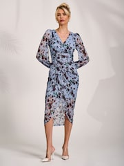 Jolie Moi Blue Lace Long Sleeve Ruched Bodycon Dress - Image 1 of 7