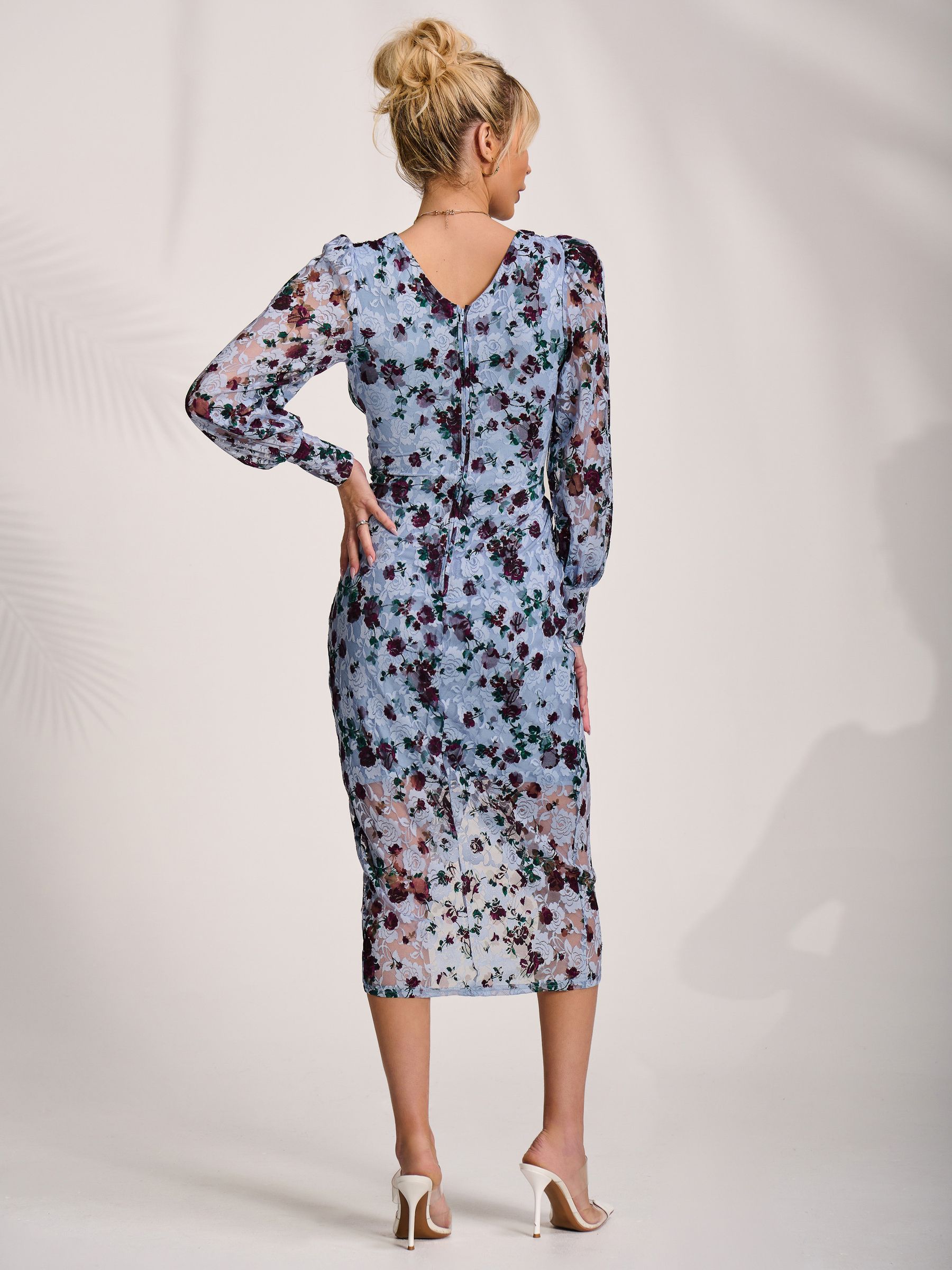Buy Jolie Moi Blue Lace Long Sleeve Ruched Bodycon Dress from the