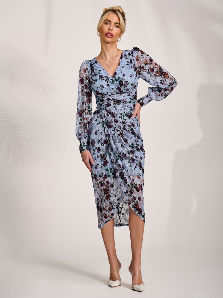 Womens Jolie Moi Blue Lace Long Sleeve Ruched Bodycon Dress US 8