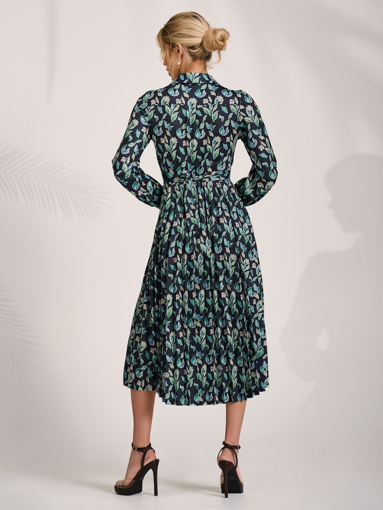 Jolie Moi Blue Pleated Button Front Midi Dress - Image 2 of 6