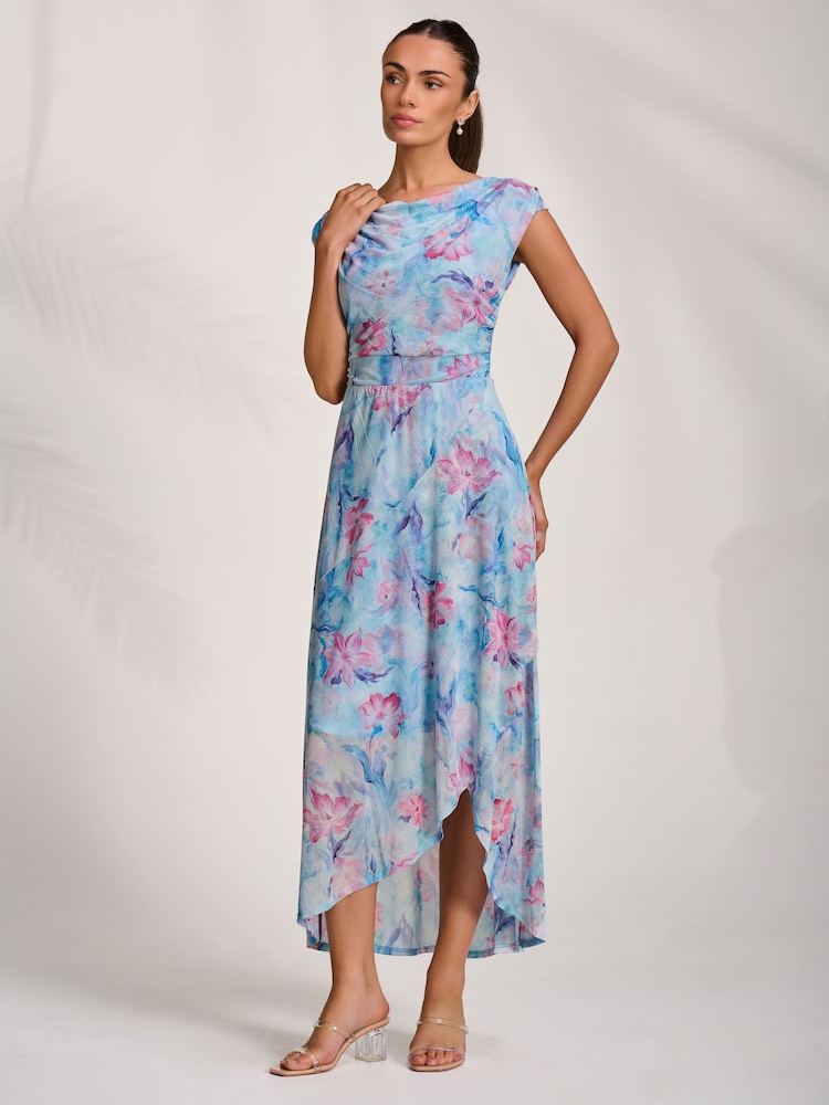 Jolie Moi Blue Asymmetric Draped Mesh Maxi Dress - Image 1 of 7