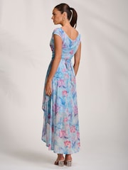 Jolie Moi Blue Asymmetric Draped Mesh Maxi Dress - Image 2 of 7