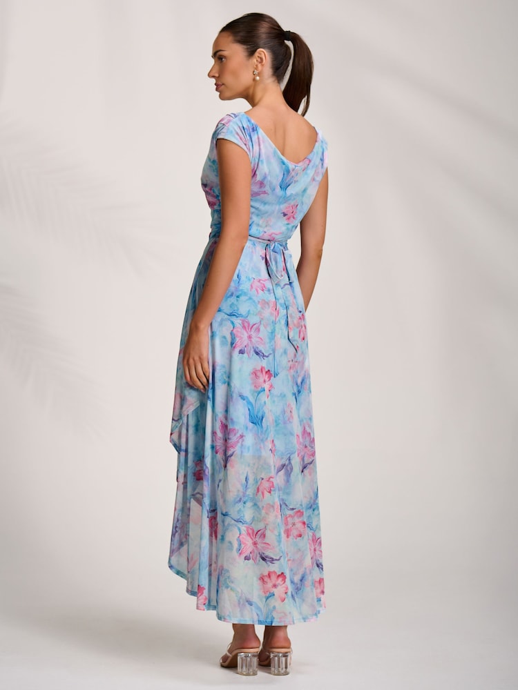 Jolie Moi Blue Asymmetric Draped Mesh Maxi Dress - Image 2 of 7