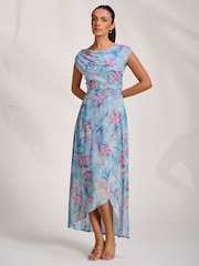 Jolie Moi Blue Asymmetric Draped Mesh Maxi Dress - Image 3 of 7