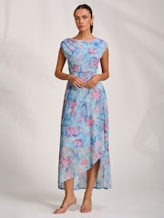 Jolie Moi Blue Asymmetric Draped Mesh Maxi Dress - Image 5 of 7